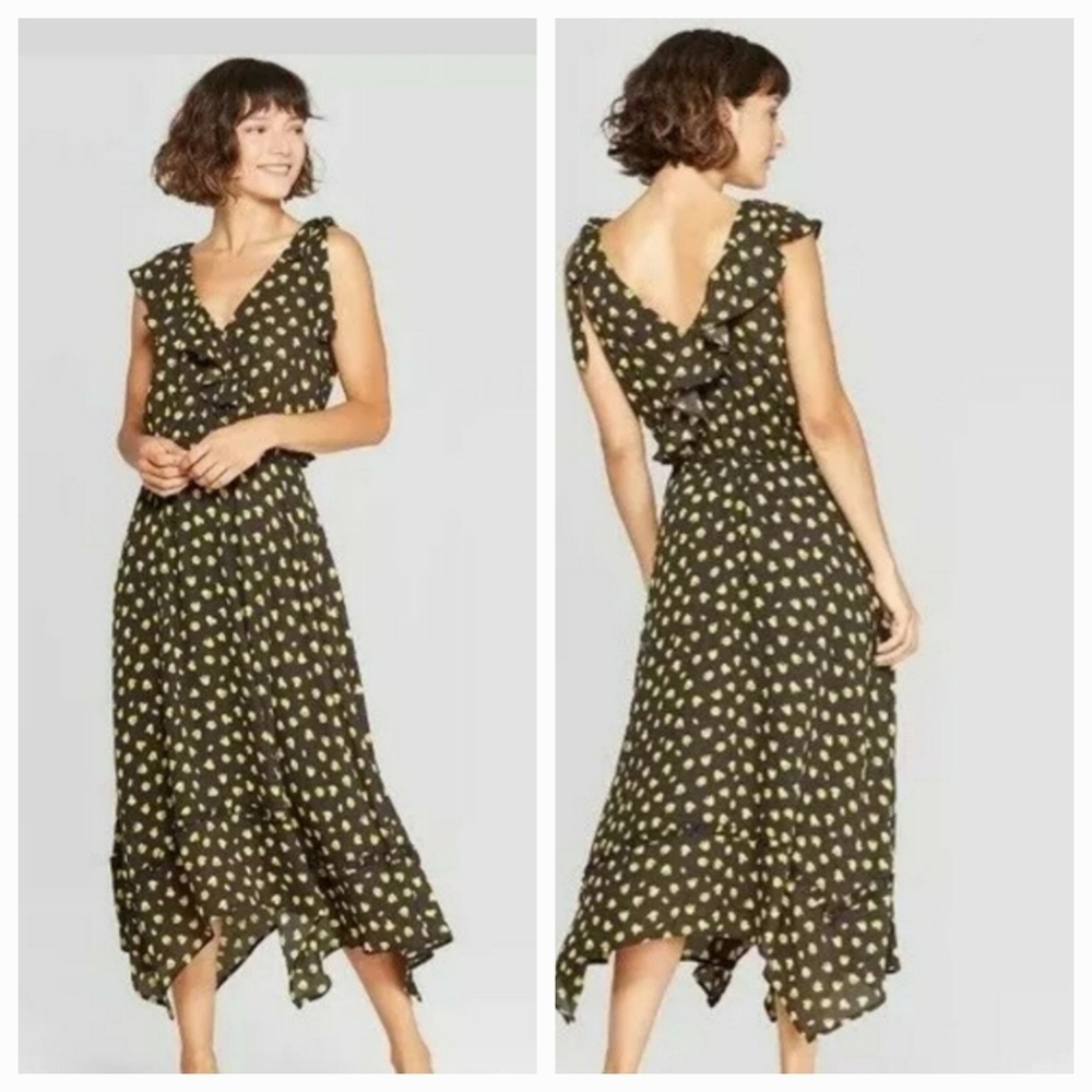 Who What Wear Black & Yellow Sleeveless Floral Handkerchief Hem Dress size M